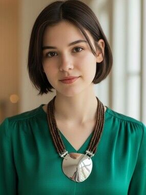 Clover Brown Multi-Strand Beaded Necklace with Silver Disc Pendant, NWT